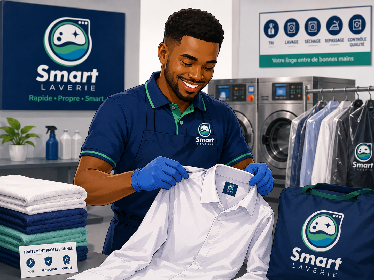 Agent SMART LAVERIE qui traite le linge au pressing